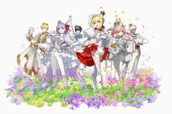 3boys 3girls absurdres ahoge animal_ear_fluff animal_ears archer_(fate) ascot bb_(fate) black_hair blonde_hair blue_eyes blue_shorts boots braid breasts brooch buttons cape charlemagne_(fate) crown dark-skinned_male dark_skin earrings falling_petals fate/extella fate/extella_link fate/extra fate_(series) flower formal_clothes fox_ears fox_girl fox_tail fringe-trimmed_cape gilgamesh_(fate) gloves green_eyes grey_eyes hair_between_eyes hair_bun hair_intakes hair_ribbon hand_on_own_hip highres jacket jewelry juliet_sleeves knee_boots large_breasts long_hair long_sleeves mini_crown multicolored_hair multiple_boys multiple_girls neck_ribbon nero_claudius_(fate) official_art on_grass one_eye_closed open_mouth pants petals pink_hair promotional_art puffy_sleeves purple_eyes purple_hair red_eyes red_ribbon ribbon second-party_source shirt shoes short_hair shorts smile split_ponytail streaked_hair tail tamamo_(fate) tamamo_no_mae_(fate/extra) thigh_boots thighhighs two-tone_hair updo very_long_hair vest wada_arco white_cape white_gloves white_hair white_jacket white_pants white_shirt white_shoes white_shorts white_thighhighs white_vest yellow_eyes