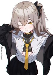 1girl absurdres arm_behind_head artist_name black_jacket black_skirt brown_hair closed_mouth collared_shirt commentary english_commentary girls&#039;_frontline girls&#039;_frontline_2:_exilium highres jacket kanashi_kum0 leva_(girls&#039;_frontline_2) long_hair loose_necktie necktie one_eye_closed one_side_up open_clothes open_jacket partially_unbuttoned pleated_skirt shirt simple_background skirt smile solo twitter_username ump45_(girls&#039;_frontline) white_background white_shirt yellow_necktie