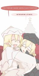 2girls bags_under_eyes black_dress blonde_hair bolos bow capelet christmas christmas_star christmas_tree closed_eyes dress english_text happy hat hat_bow highres hug lily_black lily_white long_sleeves multiple_girls no_pupils open_mouth parted_bangs pointy_ears red_bow sweat touhou white_capelet white_dress