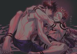 2boys absurdres arm_tattoo azukiharuta_ju back barefoot black_hair black_nails butt_crack chest_tattoo extra_eyes eye_contact facial_tattoo fingernails forehead_tattoo fushiguro_megumi green_eyes hair_slicked_back hand_on_another&#039;s_chest hand_on_another&#039;s_neck hand_on_another&#039;s_thigh heart highres jujutsu_kaisen leg_tattoo light_smile looking_at_another lying male_focus multiple_boys nipples on_back on_bed pants parted_lips pectorals pink_hair purple_pants red_eyes robe ryoumen_sukuna_(jujutsu_kaisen) sharp_fingernails sharp_toenails short_hair shoulder_tattoo tattoo teeth toenails toned toned_male topless_male translation_request undercut white_robe wrist_tattoo yaoi