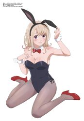 Rule 34 | 1girl, absurdres, animal ears, armpits, bare shoulders, black leotard, blonde hair, bow, bowtie, breasts, cleavage, closed mouth, detached collar, hand on own chest, high heels, highres, kawai mona, kneeling, kuroiwa medaka ni watashi no kawaii ga tsuujinai, large breasts, leotard, long hair, looking at viewer, magazine scan, megami magazine, official art, pantyhose, playboy bunny, purple eyes, rabbit ears, red bow, red bowtie, scan, shiny skin, simple background, sitting, smile, solo, strapless, strapless leotard, thighs, wariza, white background, wrist cuffs