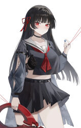 1girl absurdres arm_cutout black_bra black_choker black_hair black_panties black_shirt black_skirt blush bra breasts chisa_(wuthering_waves) choker closed_mouth collarbone commentary cowboy_shot crop_top hair_ribbon highres holding holding_sword holding_weapon large_breasts long_hair long_sleeves midriff neckerchief panties red_eyes red_neckerchief red_ribbon ribbon sailor_collar shirt simple_background skirt solo sword tacet_mark_(wuthering_waves) thighs torn_clothes torn_shirt underwear very_long_hair weapon white_background white_sailor_collar wuthering_waves ying_haram