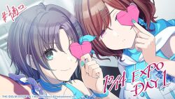 2girls asakura_toru badge bandai bare_shoulders blue_eyes earrings fingernails hair_ornament higuchi_madoka idolmaster idolmaster_shiny_colors jewelry multiple_girls official_art paper red_eyes red_hair short_hair smile