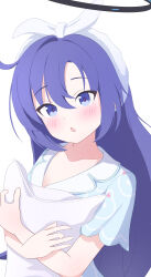 1girl absurdres animal_print black_halo blue_archive blue_pajamas blue_shirt blush cat_print commentary fortysansan hairband halo highres hugging_object mechanical_halo pajamas pillow pillow_hug purple_eyes purple_hair shirt simple_background solo white_background white_hairband yuuka_(blue_archive) yuuka_(pajamas)_(blue_archive)
