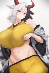 1girl absurdres animal_ears animal_print breasts cow_ears cow_girl cow_print crop_top highres horns large_breasts looking_at_viewer midriff moriforest1040 multicolored_hair open_clothes red_eyes red_horns short_hair simple_background sleeveless solo touhou two-tone_hair ushizaki_urumi vest white_background yellow_vest