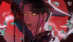 1boy black_hair black_hanbok demon earrings gat_(hat) gatkkeun glowing glowing_eyes hanbok hat jewelry jinu_(kpop_demon_hunters) korean_clothes korean_traditional_hat kpop_demon_hunters lips male_focus short_hair slit_pupils solo teeth upper_body xingtaai yellow_eyes