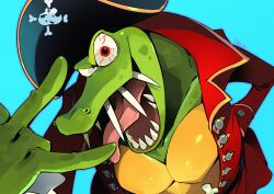 1boy black_hat blue_background colored_skin donkey_kong_(series) furry furry_male green_skin hat highres jacket king_k._rool looking_at_viewer mu_(mu_963) nintendo open_clothes open_jacket open_mouth pirate_hat red_eyes red_jacket sharp_teeth solo teeth tongue tongue_out