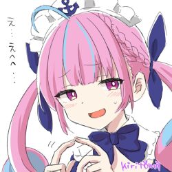 1girl :d ahoge blue_bow blue_dress blue_hair blue_ribbon blush bow braid commentary_request dress finger_touching hair_ribbon hands_up highres hololive kiritoma maid_headdress minato_aqua minato_aqua_(1st_costume) multicolored_hair open_mouth pink_hair purple_eyes ribbon signature simple_background small_sweatdrop smile solo streaked_hair sweat translation_request two-tone_hair upper_body virtual_youtuber white_background