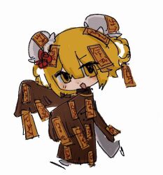 1girl :d blonde_hair bun_cover chibi chibi_only don_quixote_(project_moon) double_bun e.g.o_(project_moon) full_body hair_between_eyes hair_bun hair_rings hashtag-only_commentary herbbbbby limbus_company open_mouth project_moon red_sheet_(e.g.o) side_slit simple_background sleeves_past_fingers sleeves_past_wrists smile solo talisman walking white_background yellow_eyes