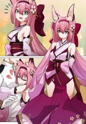 1boy 1girl animal_ear_fluff azur_lane closed_eyes closed_mouth comic commander_(azur_lane) detached_sleeves dress flower fox_girl gloves green_eyes hair_flower hair_ornament hairband hanazuki_(azur_lane) heart highres hug japanese_clothes long_hair looking_at_another open_mouth peacoat pink_flower pink_hair silent_comic smile surprised white_gloves wide_sleeves winterfall_(artenh)