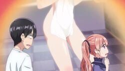 Rule 34 | 1boy, 1girl, amano erika, animated, anime screenshot, ass, bathroom, black hair, blue ribbon, blue skirt, blush, breasts, cleavage, double bun, earrings, hair bun, hair ribbon, highres, jewelry, kakkou no iinazuke, large breasts, naked towel, open mouth, panties, pantyshot, pink hair, purple eyes, ribbon, shirt, skirt, sound, stud earrings, tagme, thighs, towel, twintails, umino nagi, underwear, video, white panties