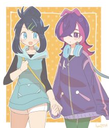 Rule 34 | 2girls, :d, antenna hair, black hair, black shirt, blue eyes, blue hair, blue hoodie, blush, colored inner hair, dot (pokemon), freckles, green pants, hair bun, hair ornament, hair over one eye, hairclip, han0579, headphones, headphones around neck, heart, highres, holding hands, hood, hoodie, jacket, liko (pokemon), long sleeves, looking at another, medium hair, multicolored hair, multiple girls, nintendo, open mouth, pants, pink hair, pokemon, pokemon (anime), pokemon horizons, purple eyes, purple hair, purple jacket, shirt, short hair, shorts, sleeveless, sleeveless hoodie, smile, white shorts
