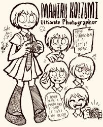 1girl absurdres camera character_name closed_eyes closed_mouth collared_shirt commentary danganronpa_(series) danganronpa_2:_goodbye_despair dated doodle_inset english_commentary english_text eyelashes freckles full_body greyscale hatching_(texture) highres holding holding_camera josh-s26 kneehighs koizumi_mahiru monochrome multiple_views necktie open_mouth puff_of_air shirt shoelaces shoes short_hair short_sleeves signature simple_background skirt smile socks speech_bubble standing sweatdrop teeth upper_teeth_only v-shaped_eyebrows very_short_hair white_background