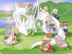 1990s_(style) 3girls 6+boys annotated apple775 armor beard blonde_hair blue_eyes blush brother_and_sister brown_hair cain_highwind cape cecil_harvey chibi cid_pollendina dragon edward_geraldine everyone closed_eyes facial_hair final_fantasy final_fantasy_iv edward_chris_von_muir goggles green_hair hat helmet instrument lute_(instrument) mask mist_dragon multiple_boys multiple_girls aged_up palom polearm ponytail porom purple_eyes red_eyes rosa_farrell rydia_(ff4) short_hair siblings sleeping spear tellah weapon yang_fang_leiden