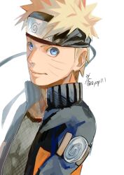 1boy blonde_hair blue_eyes closed_mouth jacket konohagakure_symbol long_sleeves looking_at_viewer male_focus naruto_(series) naruto_shippuuden ninja orange_jacket short_hair simple_background smile solo spiked_hair upper_body uzumaki_naruto white_background zifletts