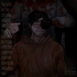 1boy assisted_suicide beard_stubble black_gloves black_hair blood blood_on_clothes ch1ckenpretz covering_another&#039;s_eyes cry_of_fear dark dirty dirty_clothes dual_persona english_text facial_hair fingerless_gloves gloves grey_hoodie grimace gun_to_head highres holding_hands hood hood_down hoodie imminent_murder male_focus open_mouth orange_hoodie out_of_frame short_hair simon_henriksson simon_henriksson_(book) simon_henriksson_(sick) solo stubble
