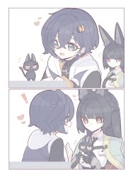 2girls absurdres animal animal_ear_fluff animal_ears aqua_jacket belle_(zenless_zone_zero) black_cat black_necktie blue_hair blunt_bangs cat collared_shirt fox_ears fox_girl gauntlets green_eyes hair_ornament heart highres holding holding_animal holding_cat hood hoodie hoshimi_miyabi jacket letter_hair_ornament long_hair multiple_girls necktie red_eyes shirt single_gauntlet smile upper_body white_shirt zenless_zone_zero zzzii0
