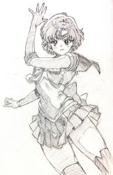 1girl absurdres arm_up bishoujo_senshi_sailor_moon bow bowtie circlet frown greyscale hatching_(texture) highres i4teruz looking_at_viewer magical_girl miniskirt mizuno_ami monochrome pleated_skirt sailor_collar sailor_mercury sailor_senshi sailor_senshi_uniform short_hair sketch skirt solo