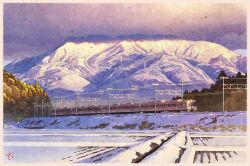 Rule 34 | bird, border, cloud, commentary request, day, forest, landscape, mountain, mugumo 24k, multiple unit train, nature, no humans, original, outdoors, overhead line, power lines, scenery, snow, train, transmission tower, white border, winter