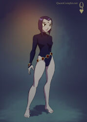 1girl artist_name barefoot black_leotard breasts closed_mouth colored_skin commentary dc_comics english_commentary expressionless forehead_jewel frown full_body grey_skin leotard looking_at_viewer medium_breasts no_cape purple_hair queen_complex raven_(dc) short_hair sleeved_leotard solo standing superhero_costume teen_titans teen_titans_(tv_series) toes watermark web_address