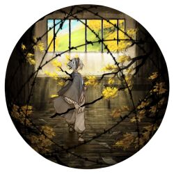 1girl alternate_universe bandage_over_one_eye barbed_wire bars blue_sky branch commentary dongbaek_(project_moon) e.g.o_(project_moon) english_commentary field flower glass_shards grey_hair hanbok highres holding holding_branch korean_clothes leaf limbus_company papers prison_cell prison_clothes project_moon sandals shan23852196 sky solo spicebush_(e.g.o) table tree yellow_eyes