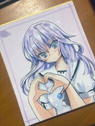 &gt;:( 1girl ascot black_ascot blue_eyes blush closed_mouth commentary_request eyes_visible_through_hair frown hair_between_eyes hands_up heart heart_hands highres long_hair looking_at_viewer photo_(medium) puffy_short_sleeves puffy_sleeves purple_hair sailor_collar school_uniform serafuku shikishi shirt short_sleeves sidelocks simple_background solo sorakado_ai summer_pockets summer_pockets_school_uniform v-shaped_eyebrows white_background white_sailor_collar white_shirt yaki-ayato