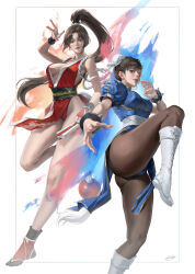 1girl 2girls absurdres aendi_en_d_endei bracelet breasts brown_hair bun_cover capcom china_dress chinese_clothes chun-li double_bun dress fatal_fury fighting_stance hair_bun highres japanese_clothes jewelry large_breasts long_hair multiple_girls pantyhose pelvic_curtain ponytail shiranui_mai spiked_bracelet spikes street_fighter street_fighter_6 the_king_of_fighters thick_thighs thighs