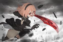 1girl 2b_(nier:automata) angry back_cutout black_dress black_gloves black_hairband black_thighhighs blush boots brown_eyes clothing_cutout commentary_request dress feather-trimmed_sleeves female_focus glasses gloves hairband high_heel_boots high_heels highres holding holding_sword holding_weapon juliet_sleeves kuriyama_mirai kyoukai_no_kanata leotard leotard_under_clothes long_hair long_sleeves looking_at_viewer mirai_no_mirai nier:automata nier_(series) puffy_sleeves red-framed_eyewear sando_(dukedevil) short_hair solo sword thigh_boots thighhighs thighhighs_under_boots weapon white_leotard