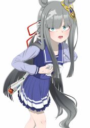 1girl absurdres animal_ears blunt_bangs breasts chrono_genesis_(umamusume) collarbone empty_eyes glaring grey_hair hair_between_eyes hair_ornament highres holding holding_newspaper horse_ears horse_girl jealous newspaper school_uniform simple_background solo standing tk_mod tracen_school_uniform umamusume white_background yandere