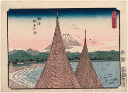 19th_century ando_hiroshige beach bird blue_sky boat cloud coast fine_art_parody flock gradient_sky grass grey_sky highres japan japanese_text landscape mount_fuji mountain mountainous_horizon nihonga no_humans ocean original outdoors parody scenery sky snow thirty-six_views_of_mount_fuji_(hiroshige) traditional_media translation_request tree ukiyo-e water watercraft