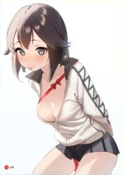 1girl :p arms_behind_back black_hair black_skirt blue_eyes blush bow breasts cleavage collared_jacket color_guide hayasui_(kancolle) jacket kantai_collection leaning_forward medium_breasts miniskirt naughty_face no_bra partially_unzipped pleated_skirt red_bow red_ribbon ribbon sakiecho simple_background skirt smile solo thighs tongue tongue_out white_background white_jacket zipper