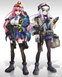 2girls absurdres ammunition anti-materiel_cartridge assault_rifle beach black_footwear black_headwear blue_jacket blue_skirt breasts brown_gloves brown_pantyhose brown_thighhighs closed_mouth clukay_(neural_cloud) collared_shirt commentary dress_shirt earrings electroshock_weapon english_commentary explosive facial_mark girls&#039;_frontline girls&#039;_frontline_neural_cloud gloves goggles goggles_on_head goggles_on_headwear gradient_background green_eyes grenade grenade_cartridge grey_background grey_gloves grey_hair grey_jacket grey_shirt gun h&amp;k_hk416 hair_between_eyes hair_ornament hairclip hand_grenade heart heart_earrings highres hk416_(girls&#039;_frontline) holding holding_gun holding_weapon hood hood_down hoodie hugging_object jacket jestami jewelry less-than-lethal_weapon long_sleeves medium_breasts multiple_girls open_clothes open_jacket pantyhose pleated_skirt puffy_long_sleeves puffy_sleeves purple_hoodie red_eyes rifle shirt shoes sig_mcx sig_mcx_(girls&#039;_frontline) skirt stun_grenade suppressor taser taser_x26 thighhighs weapon white_background