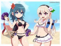 Rule 34 | 2girls, bare shoulders, beach, bikini, bikini skirt, black bikini, black cape, black hairband, blue eyes, blue hair, blue sky, book, breasts, cape, cleavage, closed mouth, dagger, female byleth (fire emblem), female byleth (summer) (fire emblem), female corrin (fire emblem), female corrin (novice vacationer) (fire emblem), fire emblem, fire emblem: three houses, fire emblem fates, fire emblem heroes, flower, flower necklace, gluteal fold, grey hair, hair between eyes, hair flower, hair ornament, hairband, hibiscus, highres, holding, holding book, holding rattle, jewelry, knife, lei, long hair, looking at viewer, medium breasts, multiple girls, navel, necklace, nintendo, ocean, official alternate costume, open mouth, patdarux, pointy ears, rattle, red eyes, red flower, sheath, sheathed, sky, smile, swimsuit, teeth, upper teeth only, water, weapon, white bikini