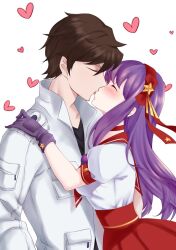 1boy 1girl asamiya_athena brown_hair fingerless_gloves gloves hair_ornament heart idol jacket kiss kusanagi_kyou psycho_soldier purple_hair school_uniform snk star_(symbol) star_hair_ornament the_king_of_fighters the_king_of_fighters_xiv white_jacket