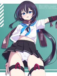 1girl absurdres black_hair black_skirt blue_eyes blue_hair blue_neckerchief blue_sailor_collar blush bridal_gauntlets cameltoe cowboy_shot from_below hair_between_eyes highres long_hair looking_at_viewer midriff midriff_peek multicolored_hair navel neckerchief open_mouth original panties pantyshot pleated_skirt sailor_collar scarf school_uniform sebunsu serafuku shirt short_sleeves skirt solo streaked_hair thigh_strap underwear upskirt very_long_hair white_hair white_panties white_shirt