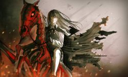 1girl 1other aircraft airplane american_flag animal_skeleton b-2_spirit black_cape black_gloves black_hair cape chainsaw_man cross_scar dated dress facial_scar fighter_jet fire floating_hair forutaro fourth_east_high_school_uniform gloves highres horse horseback_riding long_hair m1_abrams military_vehicle missile motor_vehicle pinafore_dress riding ringed_eyes scar scar_on_cheek scar_on_face scar_on_nose school_uniform signature skeleton_horse sleeveless sleeveless_dress tank yoru_(chainsaw_man)