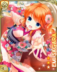 1girl :o blue_eyes breasts card_(medium) character_name cosplay flower girlfriend_(kari) hair_flower hair_ornament hat japanese_clothes kimono large_breasts looking_at_viewer medium_hair official_art open_mouth orange_hair outdoors pink_flower qp:flapper red_kimono sagara_emi sash standing tagme taishou_era two_side_up