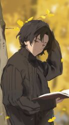 1boy baxter_ward birch_tree black_hair black_sweater blurry blurry_background book branch falling_leaves from_side hand_on_own_head holding holding_book leaf looking_at_viewer open_book orange_eyes our_life:_beginnings_and_always ryuuieu short_hair smile solo sweater tree turtleneck upper_body yellow_leaves