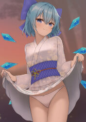 1girl absurdres alternate_costume blue_bow blue_eyes blue_hair blue_sash blush bow cherry_blossom_print cirno closed_mouth clothes_lift commentary_request commission cowboy_shot eyebrows_hidden_by_hair eyelashes floral_print hair_between_eyes hair_bow hands_up head_tilt highres hood hood_up huge_bow ice ice_wings japanese_clothes kimono kimono_lift lifting_own_clothes long_sleeves looking_at_viewer outdoors panties presenting print_kimono raised_eyebrows sash seductive_smile short_hair skeb_commission smile solo sunset szl touhou tsurime underwear variant_set white_kimono white_panties wide_sleeves wings yukata