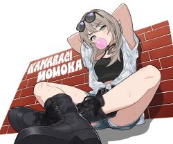1girl anchey00 armpits arms_behind_head belt boots breasts brick_wall brown_hair character_name chewing_gum eyewear_on_head from_below girls_band_cry grey_eyes kawaragi_momoka looking_at_viewer medium_breasts on_ground shirt short_shorts shorts simple_background sitting solo sunglasses sweat t-shirt tank_top white_background