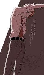1boy archie_wallace belt black_belt brown_pants catherine_(game) collared_shirt hand_on_own_chest long_sleeves male_focus minashirazu necktie outstretched_arm pants parted_lips red_necktie shirt short_hair solo translation_request two-tone_background