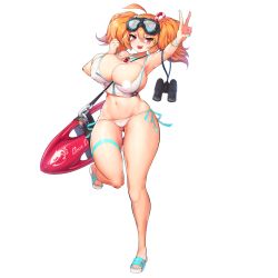 Rule 34 | 1girl, :3, ahoge, auto guard system, bikini, binoculars, censored, censored nipples, cerberus (last origin), character doll, doll, fang, female focus, full body, game cg, goggles, goggles on head, hair between eyes, highres, last origin, lifeguard, looking at viewer, miss safety, mole, mole under eye, nail polish, navel, nipple slip, nipples, official art, orange hair, sd3m pupphead, short hair, short twintails, sidelocks, sima (startwitch), solo, surfboard, swimsuit, transparent background, twintails, two side up, v, whistle, whistle around neck, white bikini, wide hips