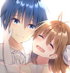 Rule 34 | 1boy, 1girl, ^ ^, antenna hair, bloom, blue eyes, blue hair, blush, bridal gauntlets, brown hair, clannad, close-up, closed eyes, commentary request, couple, eyelashes, eyes visible through hair, formal clothes, furrowed brow, furukawa nagisa, hair between eyes, hand on another&#039;s face, happy, happy tears, heart, heart of string, hetero, light blush, looking at viewer, medium hair, okazaki tomoya, open mouth, short hair, simple background, spiked hair, suit, tears, teeth, upper teeth only, wedding, white background, white suit, yuteke key