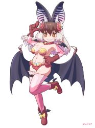 Rule 34 | 1girl, absurdres, animal ears, armor, bat ears, bat girl, bat wings, belt, bikini armor, breasts, brown eyes, brown hair, brown long-eared bat (kemono friends), choker, elbow gloves, extra ears, full body, gloves, grey hair, hair ornament, highres, kemono friends, kemono friends v project, large breasts, long hair, looking at viewer, multicolored hair, navel, saival cat, shiisaa lefty, shoes, simple background, solo, streaked hair, thighhighs, virtual youtuber, wings