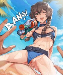1boy 1girl ;d aiming aiming_at_viewer amane_suzuha belt bikini bikini_bottom_aside black_belt blue_bikini blue_sky blush braid breasts brown_hair butterchalk chest_harness clothing_aside cowgirl_position day english_text female_pubic_hair girl_on_top green_eyes hair_between_eyes harness hetero highres holding holding_water_gun long_hair looking_at_viewer medium_breasts navel nipples one_eye_closed open_mouth outdoors penis pov pov_crotch pov_hands pubic_hair pubic_hair_peek pussy sex simple_bird sky smile solo_focus steins;gate straddling summer sweat swimsuit teeth twin_braids twintails uncensored upper_teeth_only vaginal water_gun
