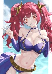 1girl absurdres alternate_costume alternate_hairstyle bare_shoulders belt bikini blush breasts choker cleavage collarbone detached_sleeves facial_mark fire_emblem fire_emblem_engage gold_belt hair_ornament highres large_breasts long_hair long_sleeves looking_at_viewer navel nintendo ocean open_mouth purple_bikini purple_choker purple_sarong red_eyes red_hair sarong smile solo star_(symbol) star_facial_mark star_hair_ornament stomach swimsuit tarutaru193 teeth twintails v water yellow_belt yunaka_(fire_emblem)