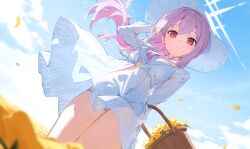 1girl adapted_costume atsuko_(blue_archive) atsuko_(swimsuit)_(blue_archive) basket bikini bikini_under_clothes blue_archive blue_sky blurry breasts closed_mouth cloud cloudy_sky commentary_request day depth_of_field dutch_angle field floating_hair flower flower_field hair_between_eyes halo hat highres holding holding_basket kyaroru looking_at_viewer medium_breasts purple_eyes purple_hair sky smile solo sun_hat swimsuit thighs white_bikini white_halo white_hat wind wind_lift yellow_flower