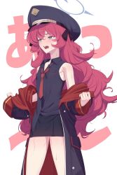 1girl absurdres blue_archive coat fluffy_hair grey_eyes halo hat highres iroha_(blue_archive) jacket loose_necktie military_hat military_jacket miniskirt necktie open_clothes open_coat open_mouth peaked_cap purple_halo red_hair red_necktie shirt skirt sleeveless sleeveless_shirt solo suisuisuko sweat teeth upper_teeth_only wavy_hair white_background