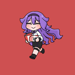 1girl black_shoes black_skirt bow bowtie bucket_of_chicken closed_eyes closed_mouth commentary_request deformed food hairband highres holding holding_food honkai_(series) honkai_impact_3rd kfc light_blush long_hair long_sleeves mokkyo_(motkyo) purple_bow purple_bowtie purple_hair red_background shirt shoes simple_background sirin sirin_(magic_academy_uniform) sirin_(miracle_magical_girl) skirt smile thigh_strap very_long_hair walking white_shirt