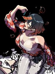 1girl azuki_aisu_ranmaru black_background black_hair breasts commentary_request cookie_(touhou) earrings full_body grey_skirt hair_between_eyes hakama hakama_skirt highres indie_virtual_youtuber japanese_clothes jewelry jiangshi kimono long_bangs long_sleeves medium_breasts odoro_(nicoseiga81184094) off_shoulder ofuda open_mouth orange_kimono sarashi short_hair sitting skirt solo tokkuri tongue tongue_out virtual_youtuber wide_sleeves yagasuri yokozuwari
